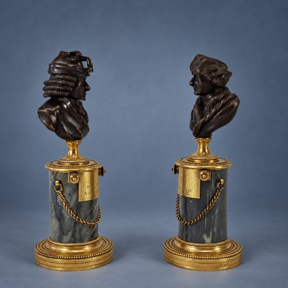 Pair Of Busts Of Voltaire And Rousseau In Patinated Bronze, Marble, And Knurled Brass – Late 18th Century -photo-5
