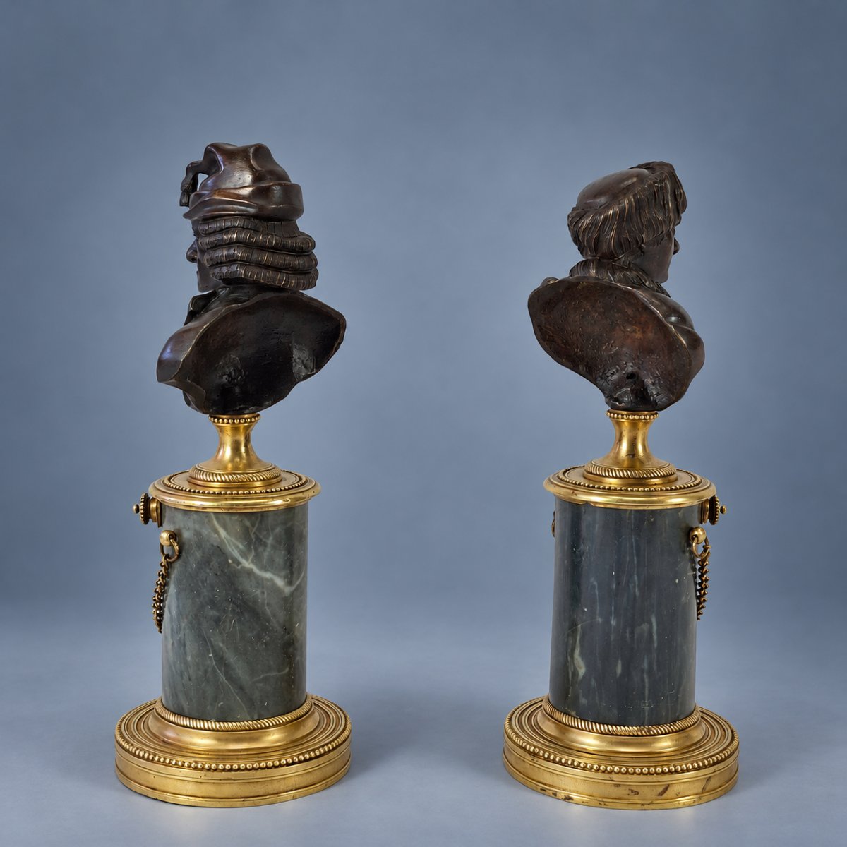 Pair Of Busts Of Voltaire And Rousseau In Patinated Bronze, Marble, And Knurled Brass – Late 18th Century -photo-7