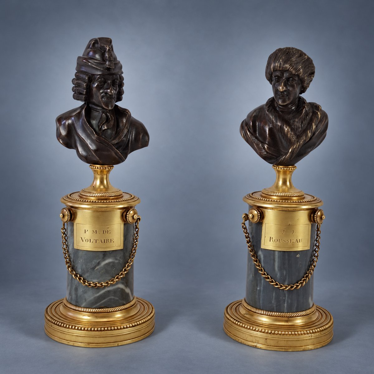 Pair Of Busts Of Voltaire And Rousseau In Patinated Bronze, Marble, And Knurled Brass – Late 18th Century 