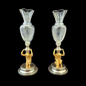 Pair Of Flower Girls, Baccarat Crystal, Flower And Butterfly Decor, Gilt Bronze Bacchus.