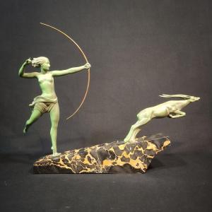 Atalanta With Antelope – Art Deco Sculpture By Demarco, Max Le Verrier, Art Cast