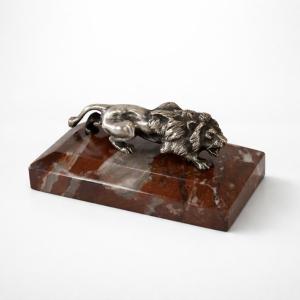 Silvered Bronze Paperweight With A Roaring Lion After Thomas Cartier – Red Marble – 1910