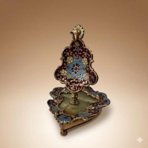 Napoleon III Watch-holder In Bronze, Cloisonné Enamel, 19th Century Raised Field Decoration, Green Onyx.