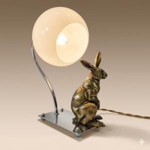 Lampe de table Art Déco lapin en régule, Transition moderniste, globe opalin et monture chromée