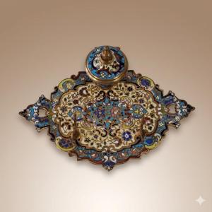 Encrier Porte-Plume Napoléon III En Émaux Cloisonnés, Champlevés – XIXe Siècle Bronze doré.