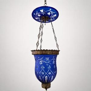 Cobalt-blue Cut Bohemian Crystal Hallway Lantern, 19th Century, Bronze & Brass
