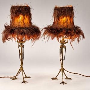 Paire de lampes en bronze XIXe – Flambeaux aux lions et serres d'aigle, cabinet de curiosités