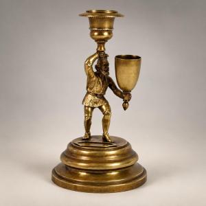 Anthropomorphic Pyrogenic Candlestick Made Of Bronze And Brass – Gnome Or Woodsman – 19th Century
