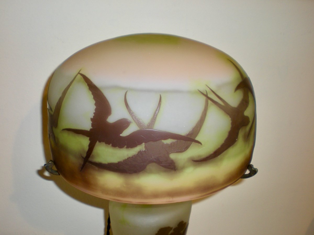 Swallows- Art Nouveau Gallè Mushroom Lamp-photo-1