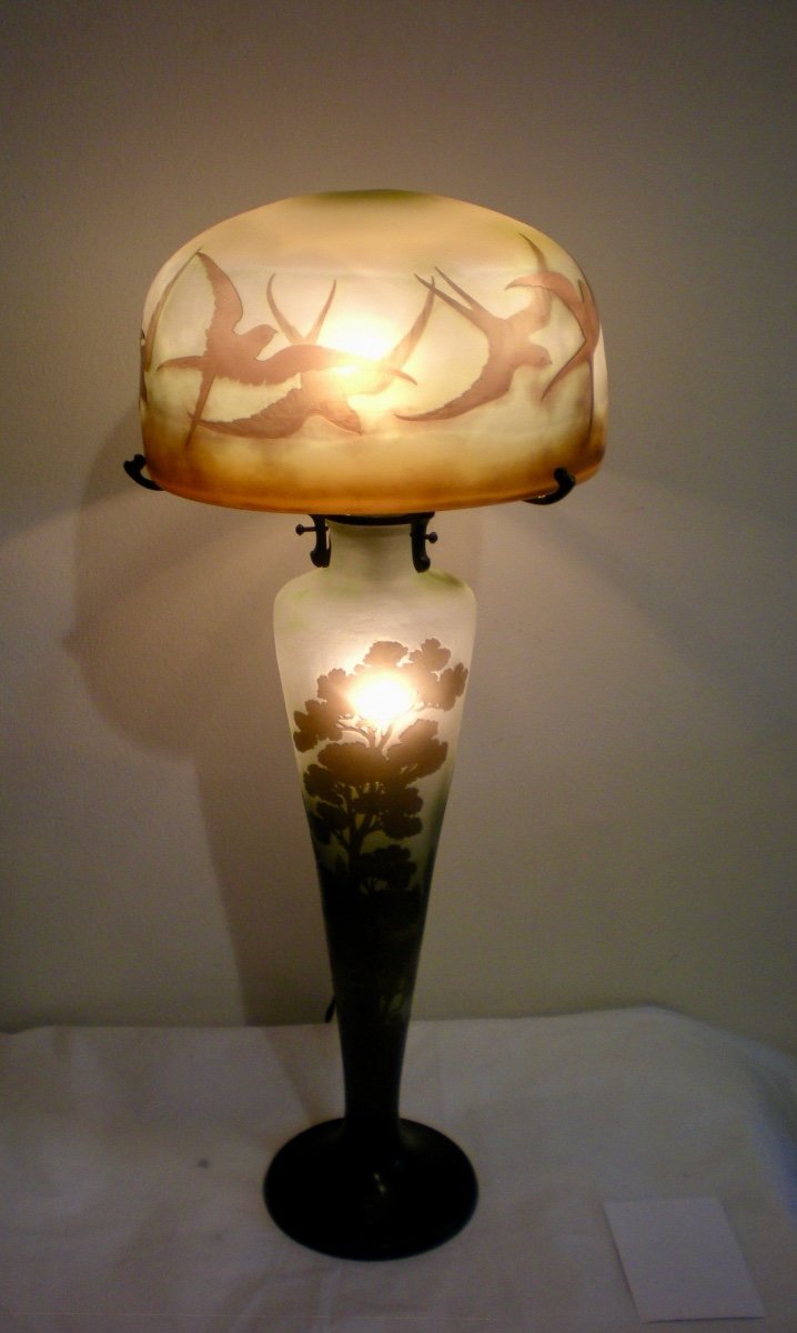 Swallows- Art Nouveau Gallè Mushroom Lamp-photo-2