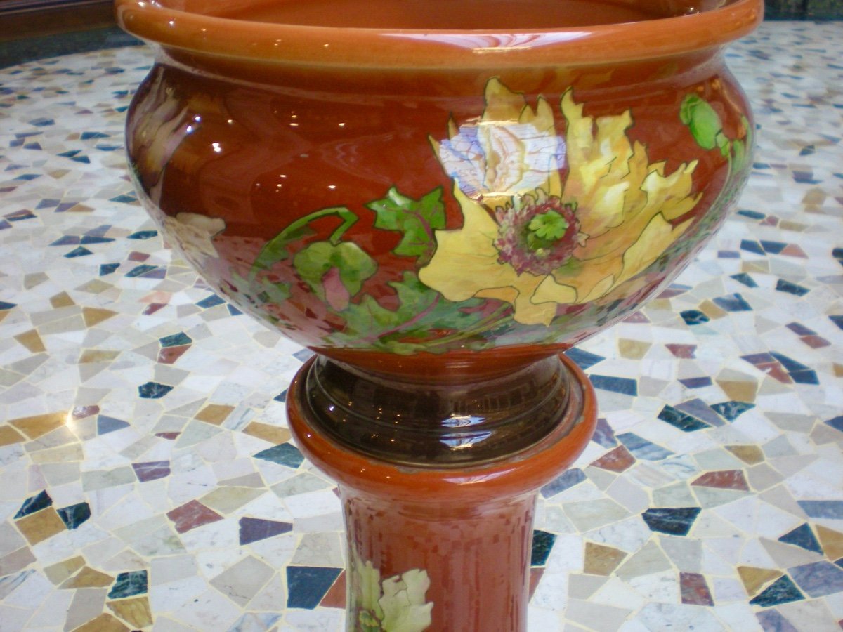 Art Nouveau Cache Pot With Column Signed Delphin Massier-photo-1