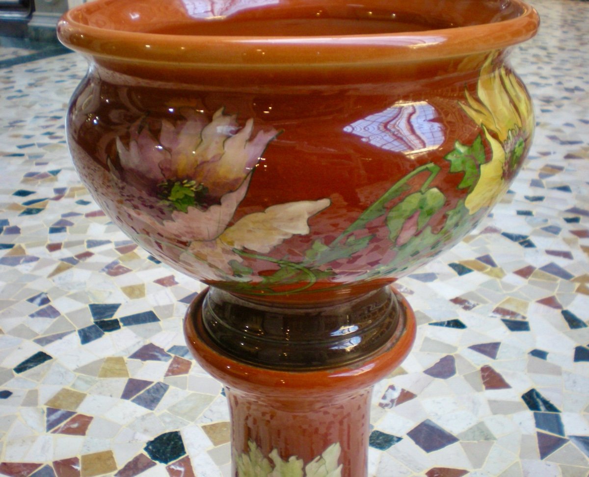 Art Nouveau Cache Pot With Column Signed Delphin Massier-photo-2