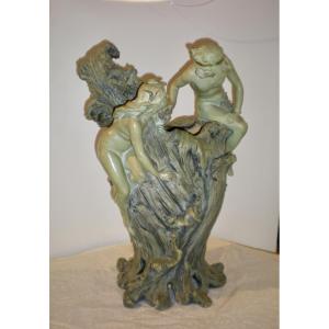 Couple de baigneurs - Vase/sculpture  art nouveau Foretay