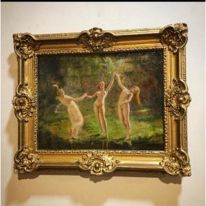 Les Trois Grâces - Huile Sur Toile Art Nouveau Jean Jacques Henner