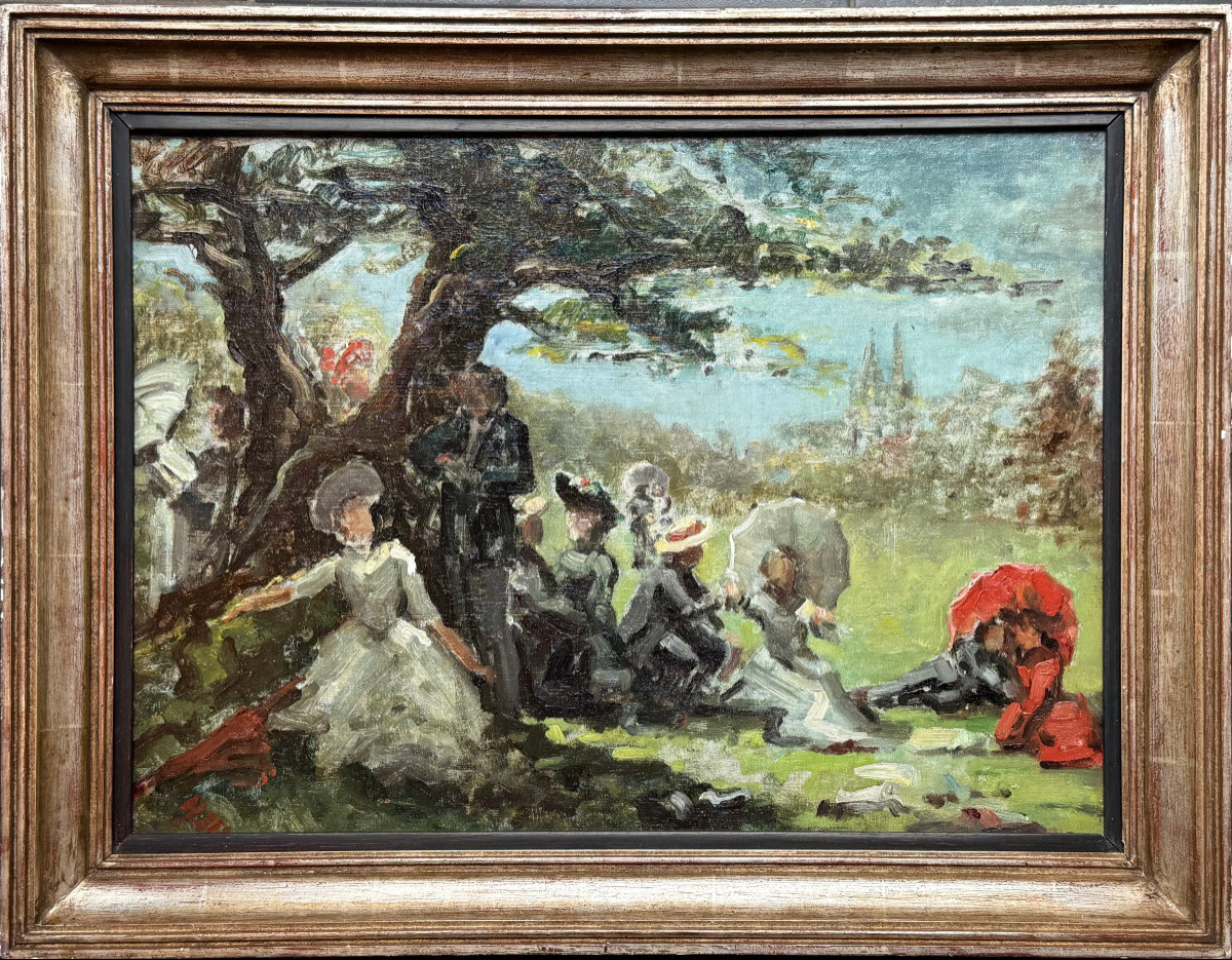 Elégantes au parc - Huile sur toile marouflée sur panneau - Impressionnisme