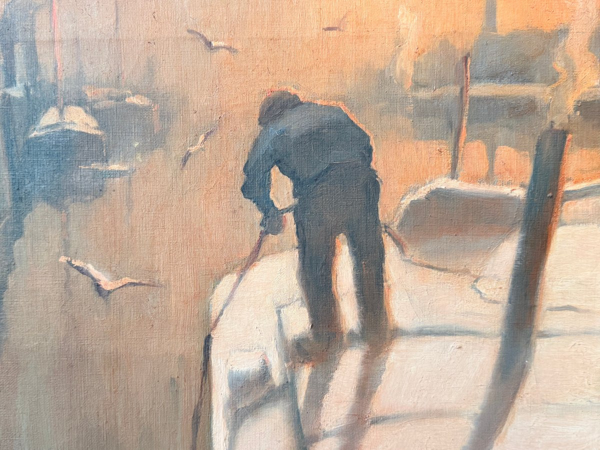 Le Hâleur au soleil couchant-Huile sur toile signée Piet VOLCKAERT (1901-1973)-photo-2