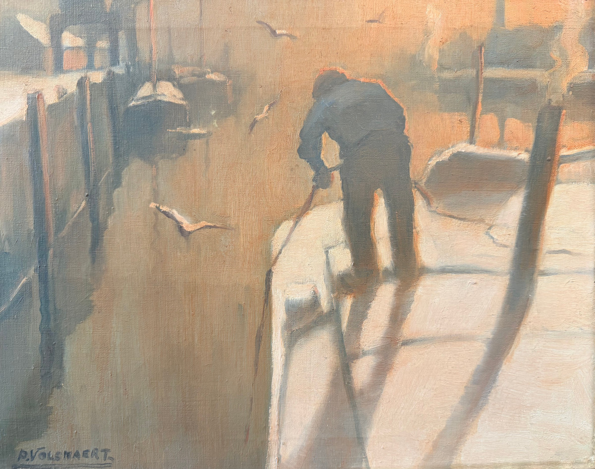 Le Hâleur au soleil couchant-Huile sur toile signée Piet VOLCKAERT (1901-1973)