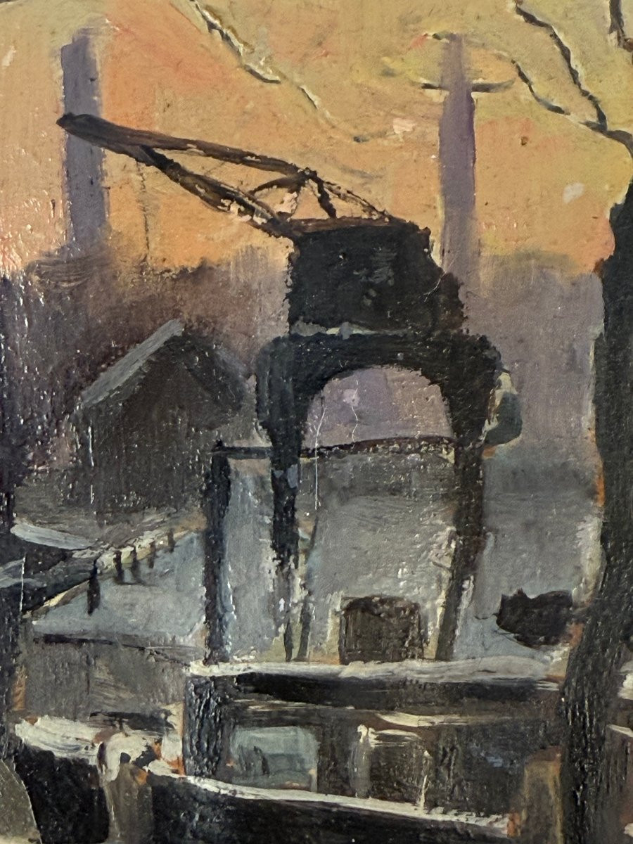 Dawn Landscape With Barges - Oil On Cardboard Signed Piet Volckaert (1901-1973)-photo-3