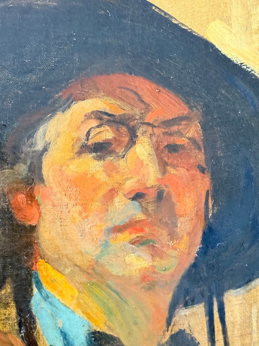 Portrait Of A Man In A Black Hat - Oil On Canvas Signed By Jean Van Cleemput (1881-1953)-photo-2