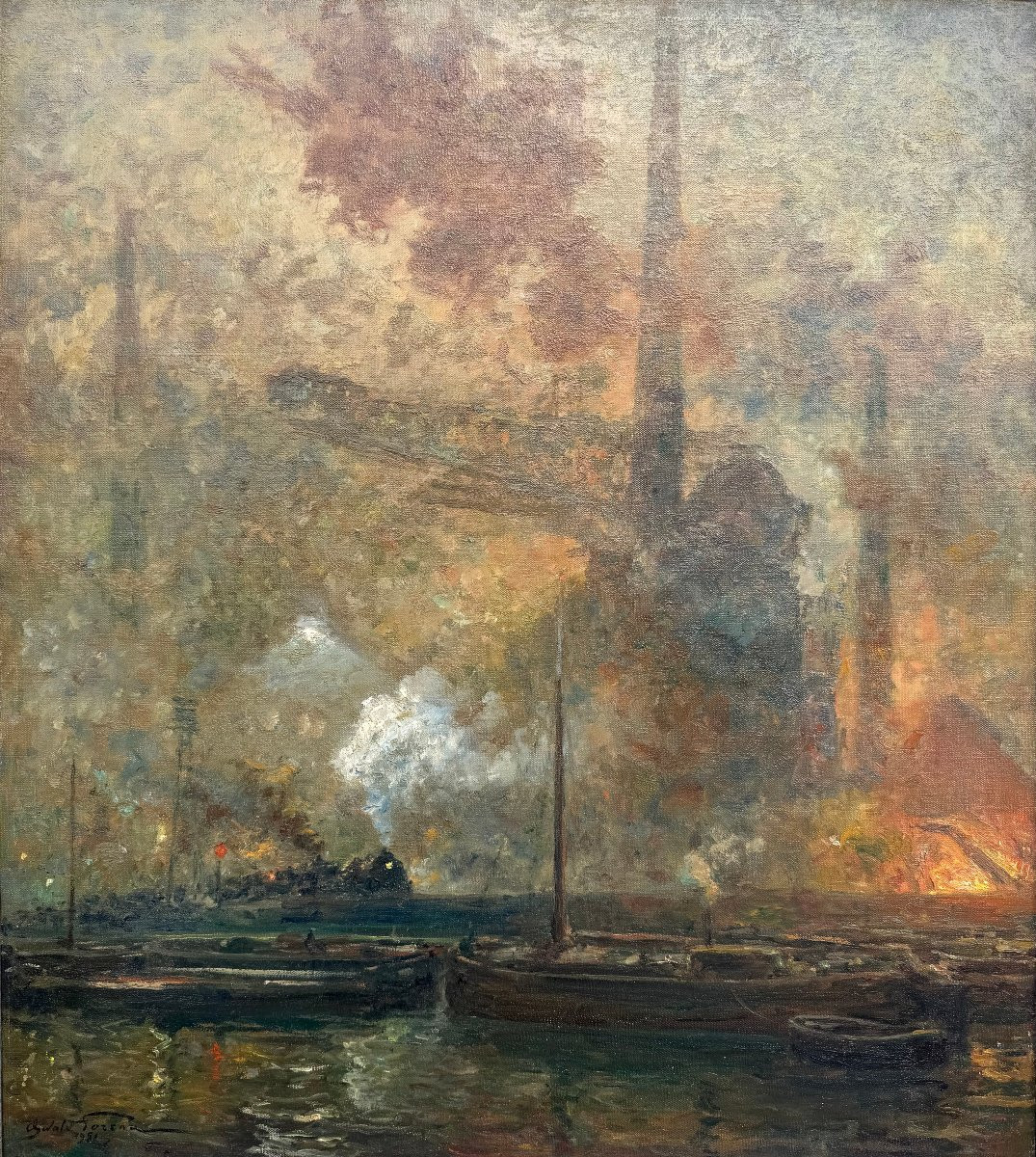 Grand paysage industriel (1951), huile sur toile signée de Oswald Poreau. -photo-2
