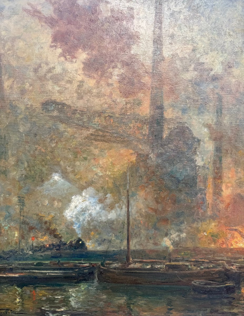 Grand paysage industriel (1951), huile sur toile signée de Oswald Poreau. -photo-3
