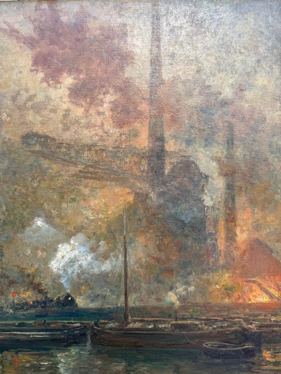 Grand paysage industriel (1951), huile sur toile signée de Oswald Poreau. -photo-4
