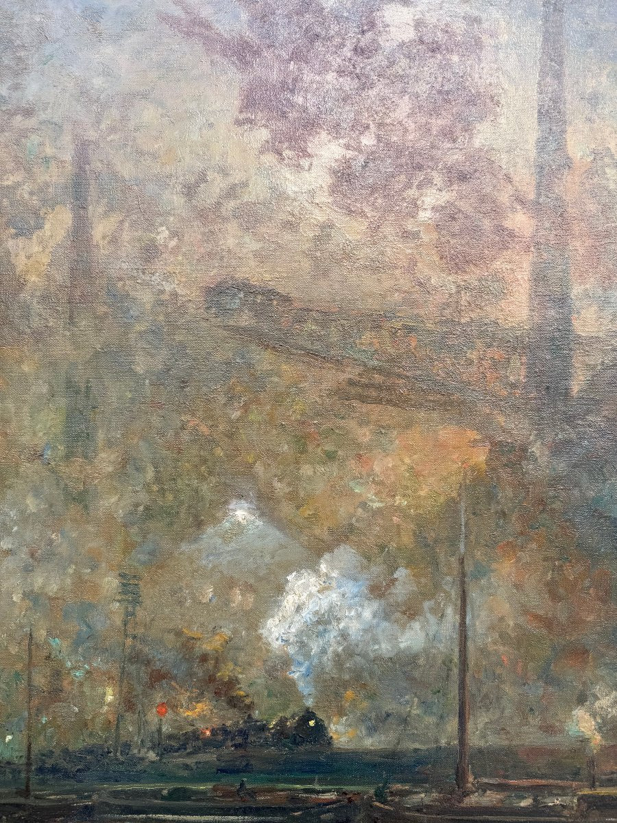 Grand paysage industriel (1951), huile sur toile signée de Oswald Poreau. -photo-3