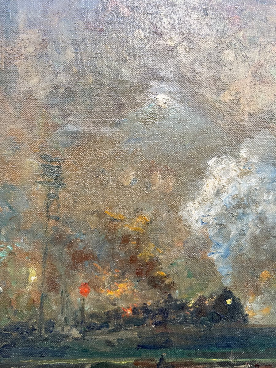 Grand paysage industriel (1951), huile sur toile signée de Oswald Poreau. -photo-6