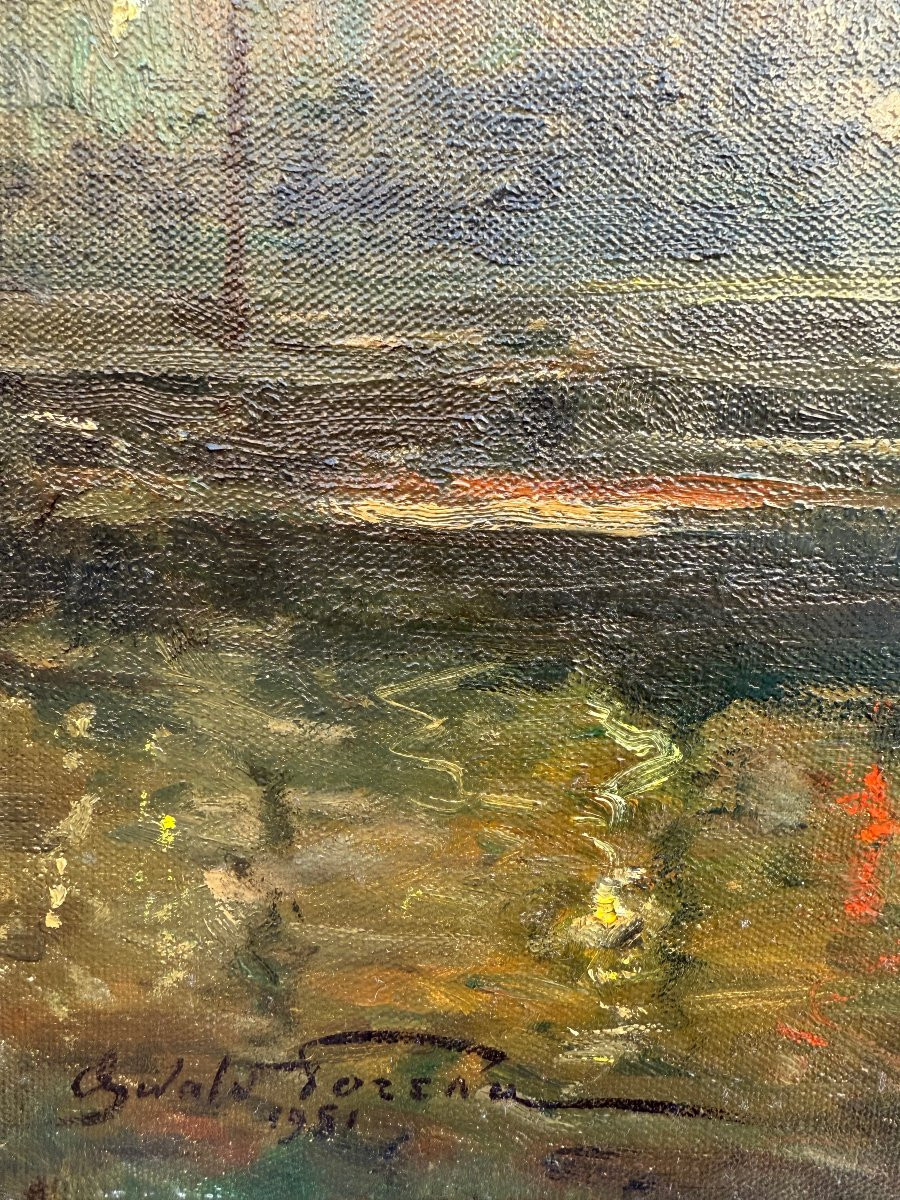 Grand paysage industriel (1951), huile sur toile signée de Oswald Poreau. -photo-7