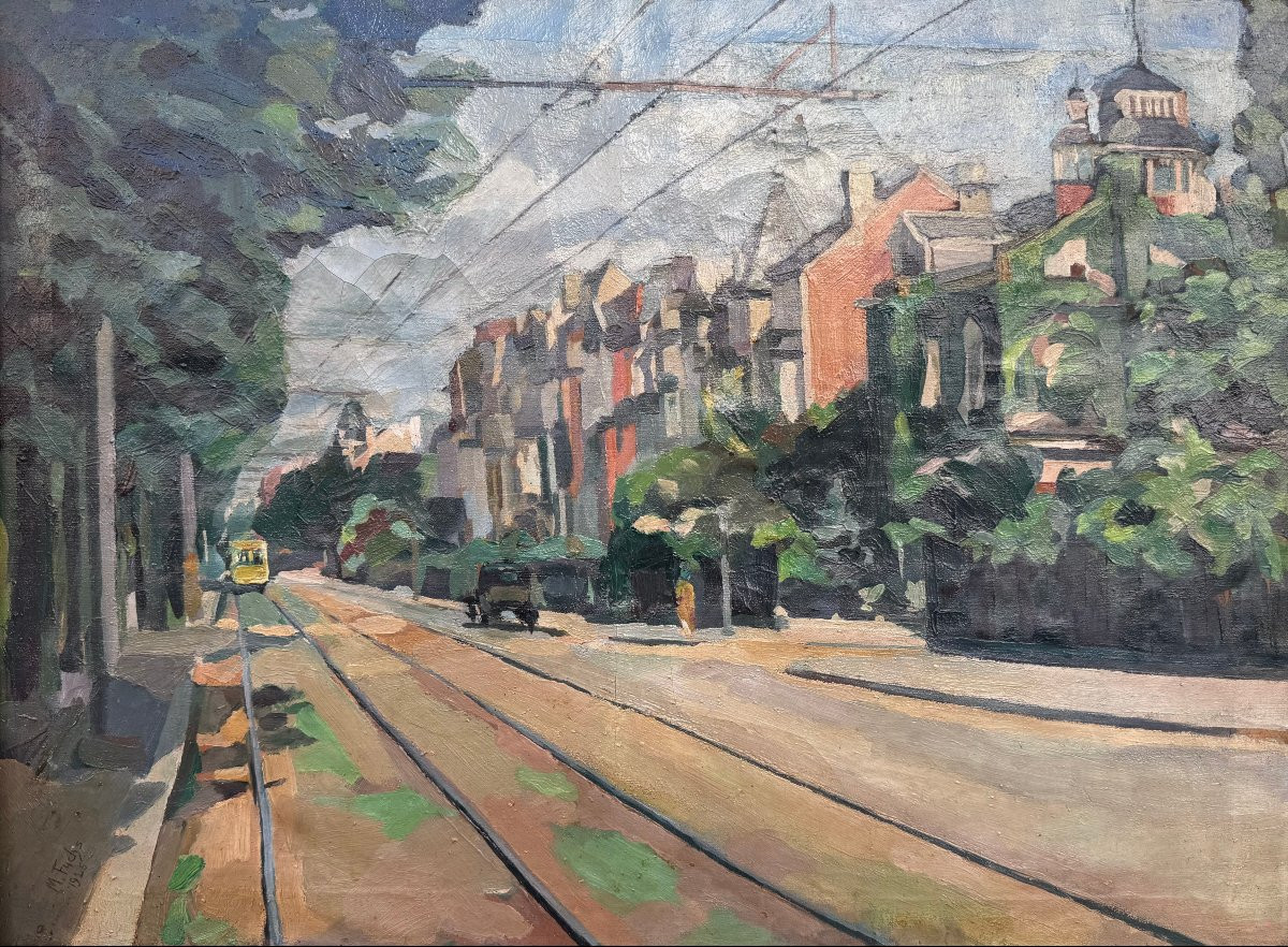 Brussels, Animated View (1925). Expressionism, Oil On Canvas Signed.-photo-2