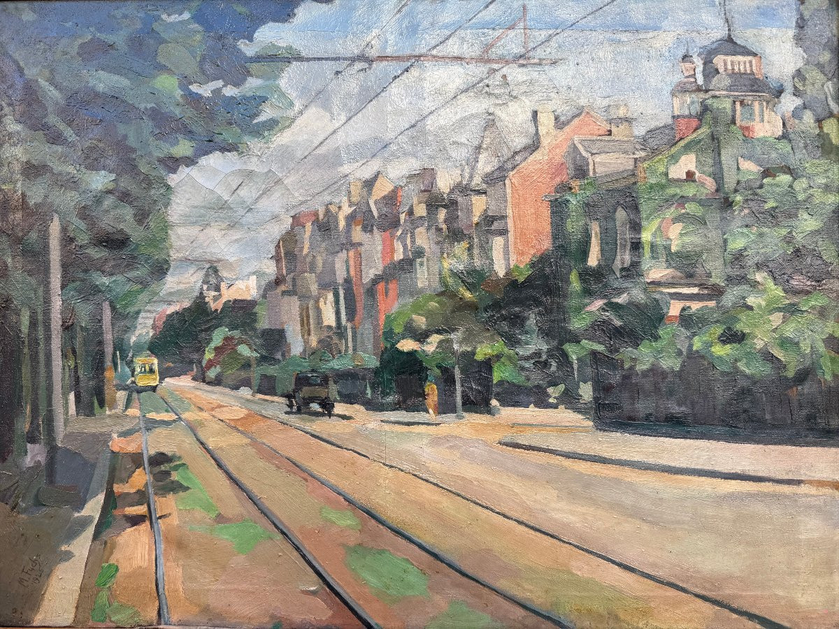 Brussels, Animated View (1925). Expressionism, Oil On Canvas Signed.-photo-3