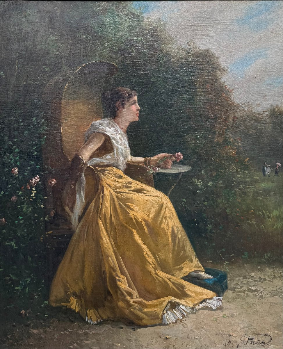 Elegant In A Flower Garden, Oil On Canvas Signed A. Staes.-photo-2