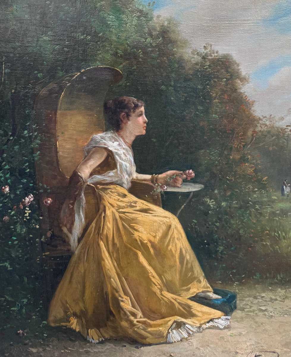Elegant In A Flower Garden, Oil On Canvas Signed A. Staes.-photo-3