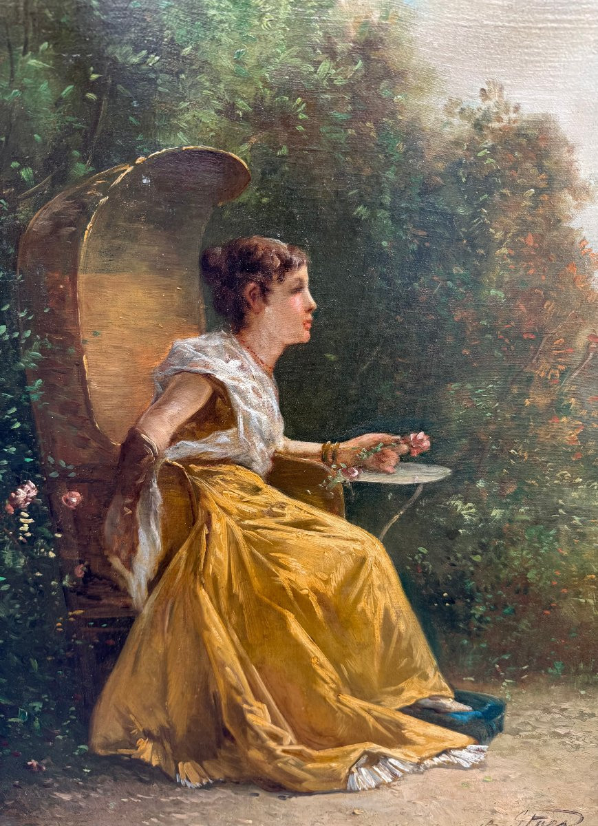 Elegant In A Flower Garden, Oil On Canvas Signed A. Staes.-photo-4