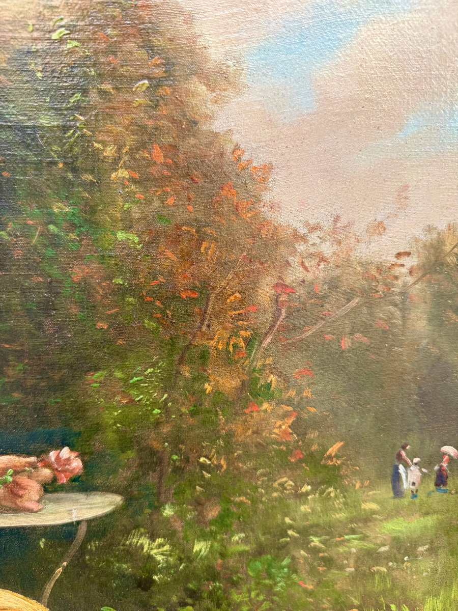 Elegant In A Flower Garden, Oil On Canvas Signed A. Staes.-photo-7