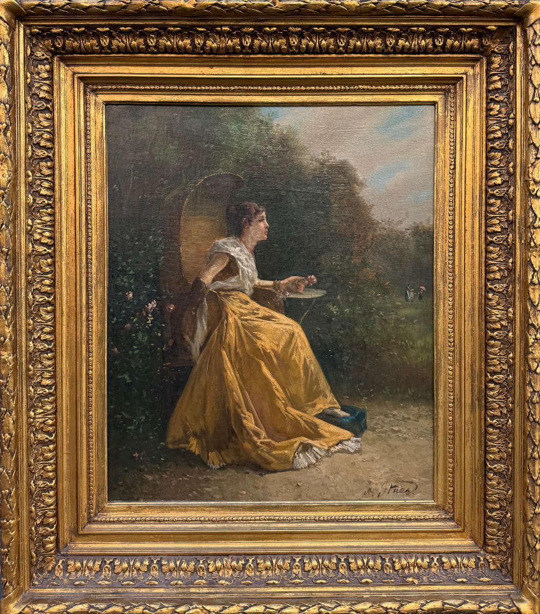 Elegant In A Flower Garden, Oil On Canvas Signed A. Staes.