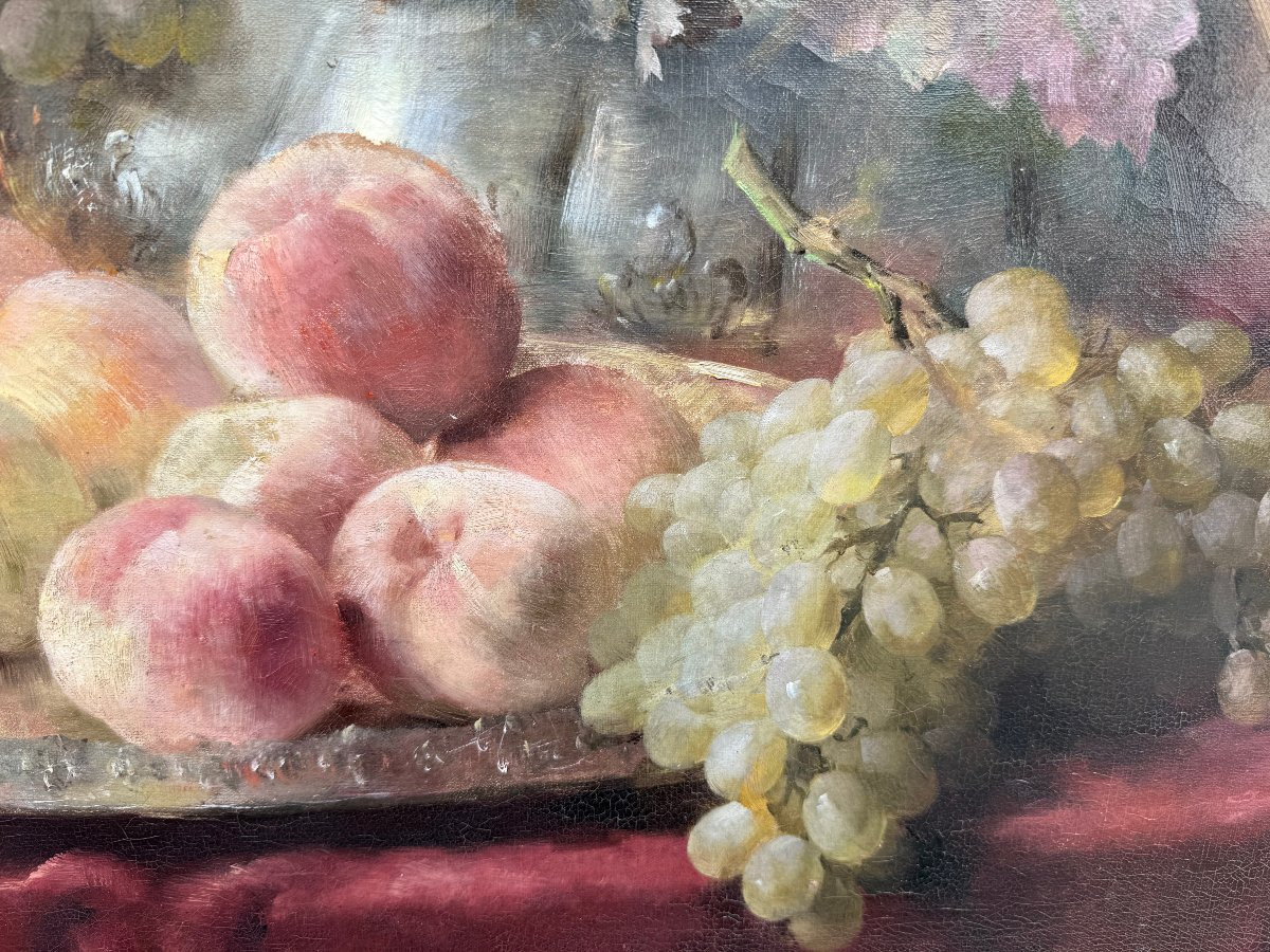 Nature morte aux pêches & raisins blancs, huile sur toile signée de Franz Mortelmans-photo-1