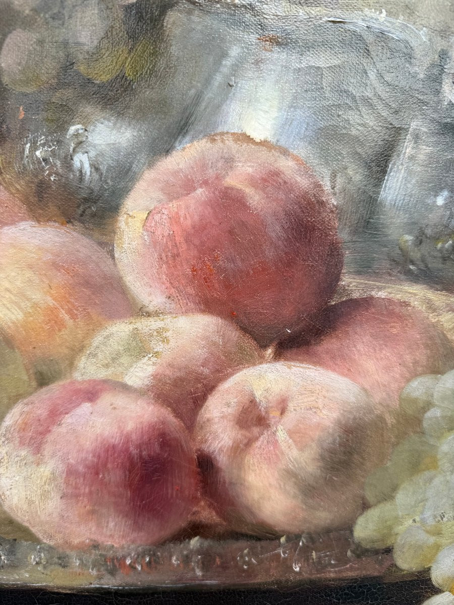 Nature morte aux pêches & raisins blancs, huile sur toile signée de Franz Mortelmans-photo-3