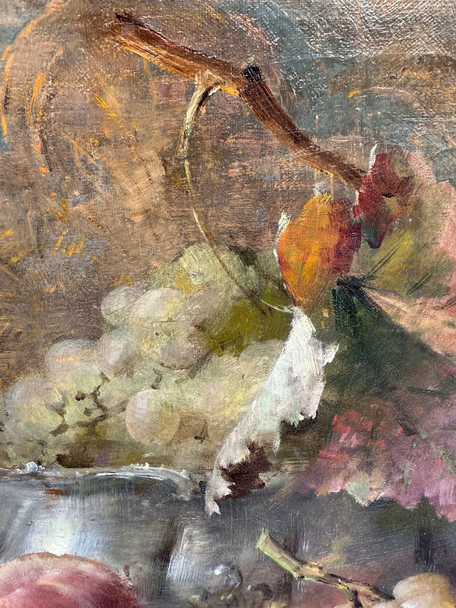 Nature morte aux pêches & raisins blancs, huile sur toile signée de Franz Mortelmans-photo-5