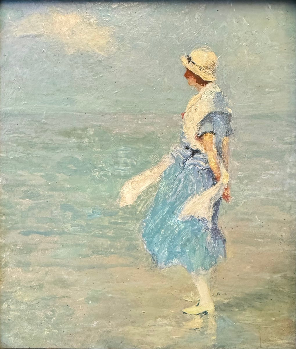Elegant Woman On The Beach At Knokke (1926) - Impressionism - Oil On Cardboard By Jean Gouweloos-photo-2