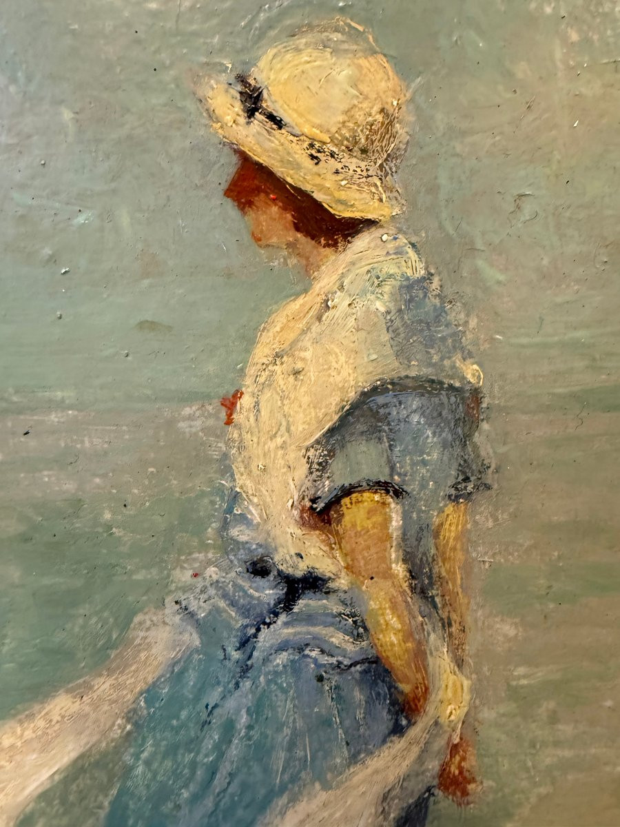 Elegant Woman On The Beach At Knokke (1926) - Impressionism - Oil On Cardboard By Jean Gouweloos-photo-2