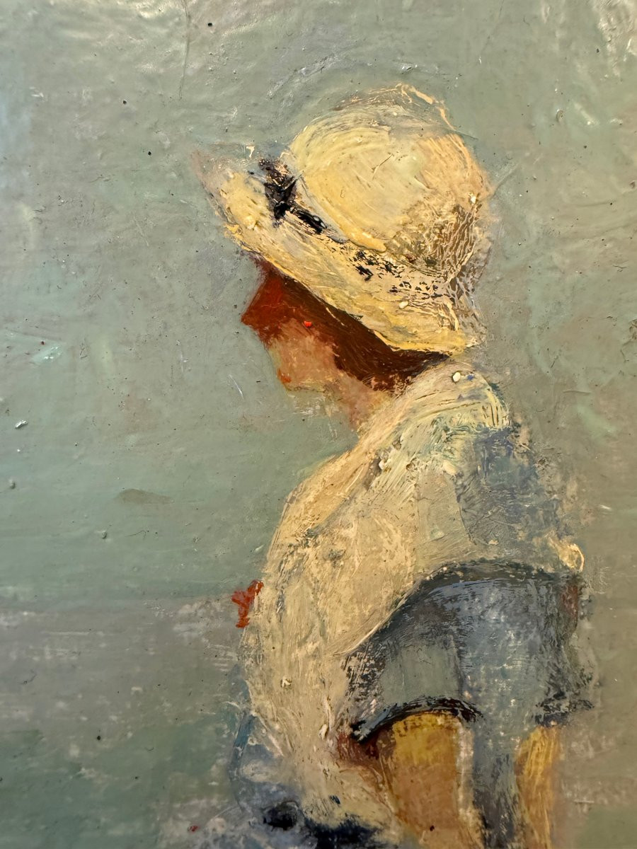Elegant Woman On The Beach At Knokke (1926) - Impressionism - Oil On Cardboard By Jean Gouweloos-photo-3