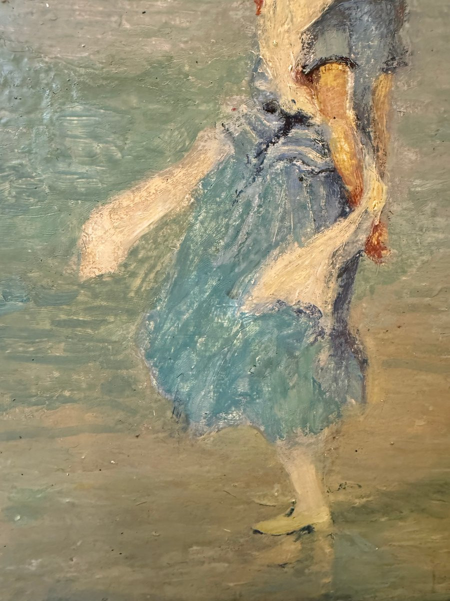 Elegant Woman On The Beach At Knokke (1926) - Impressionism - Oil On Cardboard By Jean Gouweloos-photo-5