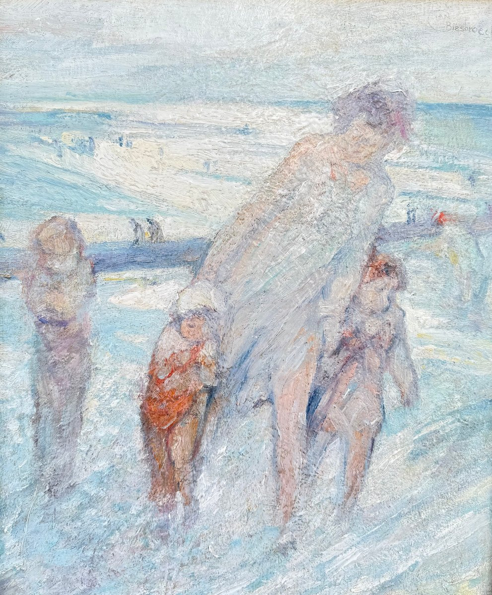 Plage animée . Huile sur toile  signée de Jules van BIESBROECK (1873-1965) - IMPRESSIONNISME-photo-2