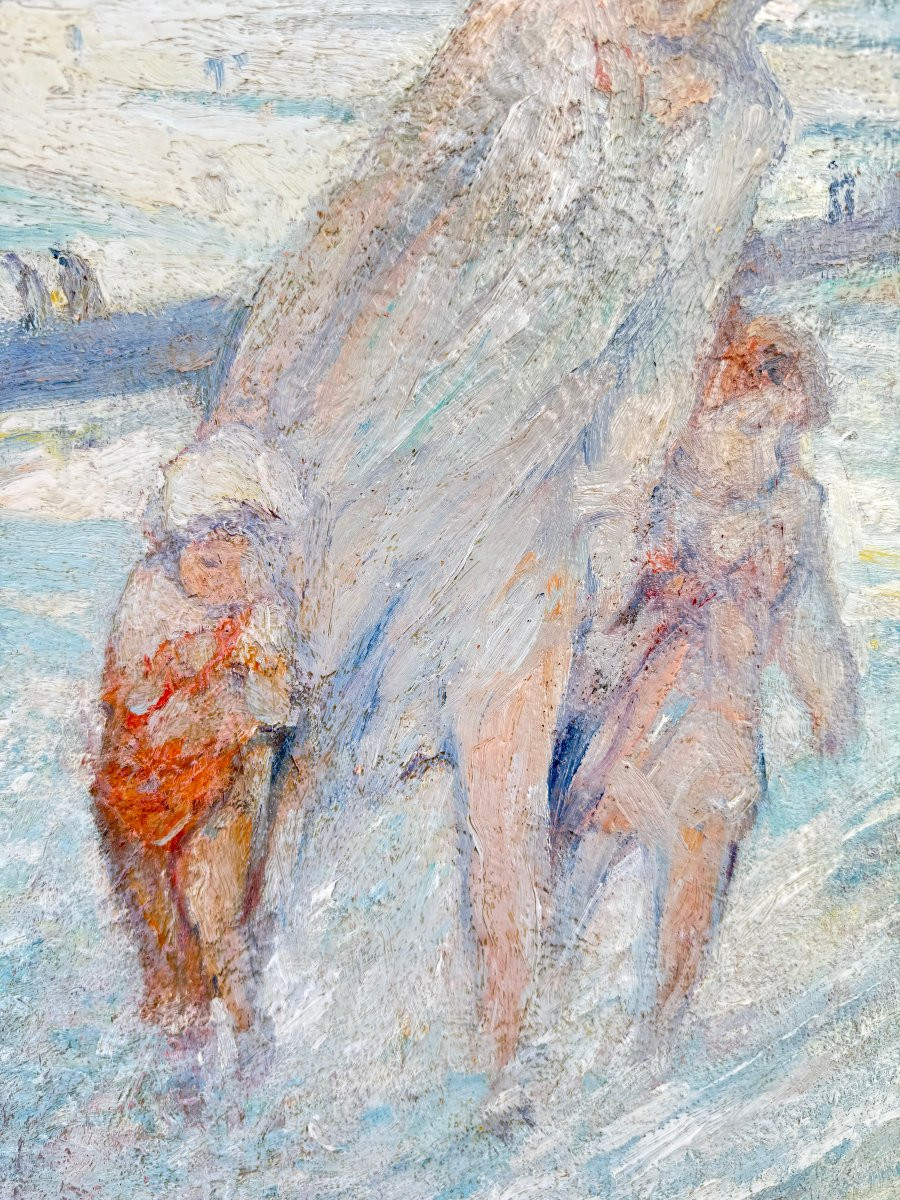 Plage animée . Huile sur toile  signée de Jules van BIESBROECK (1873-1965) - IMPRESSIONNISME-photo-1
