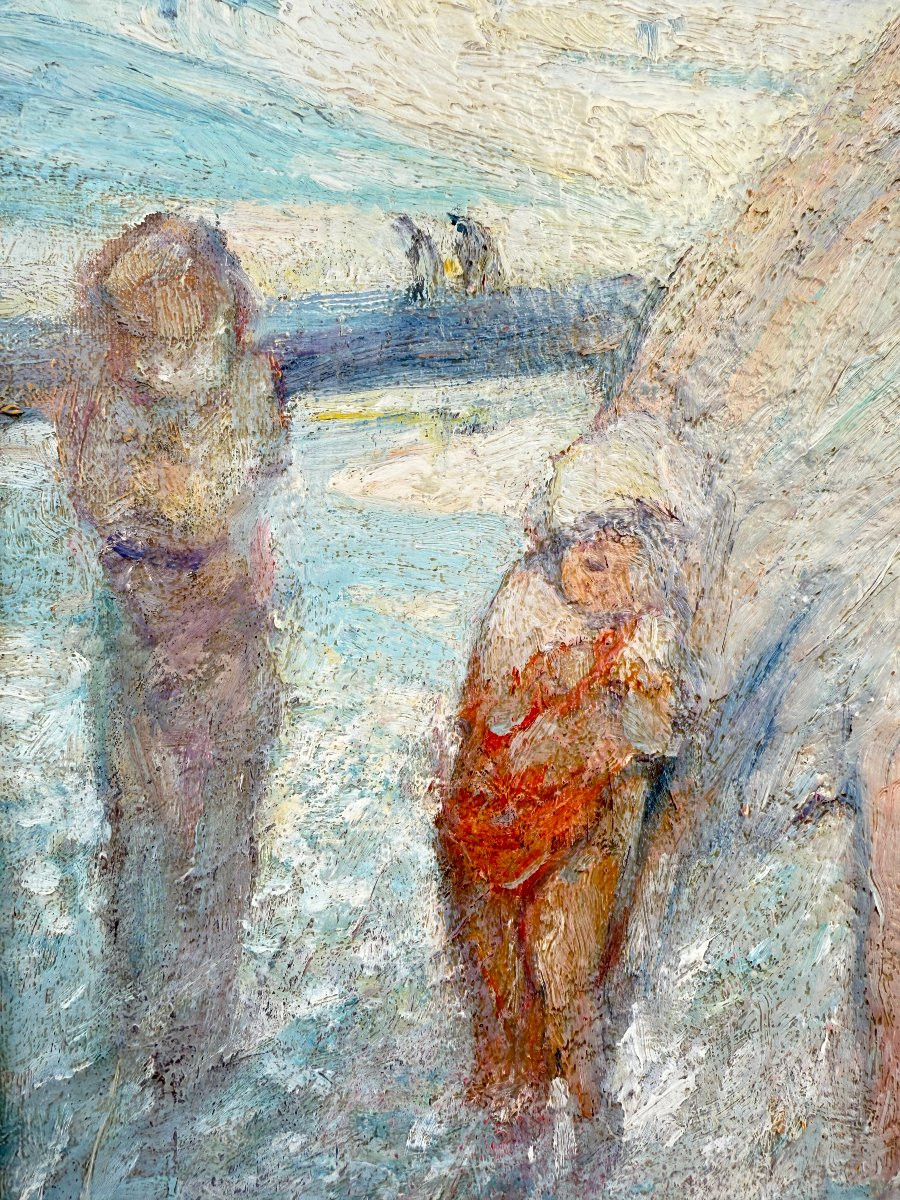Plage animée . Huile sur toile  signée de Jules van BIESBROECK (1873-1965) - IMPRESSIONNISME-photo-3