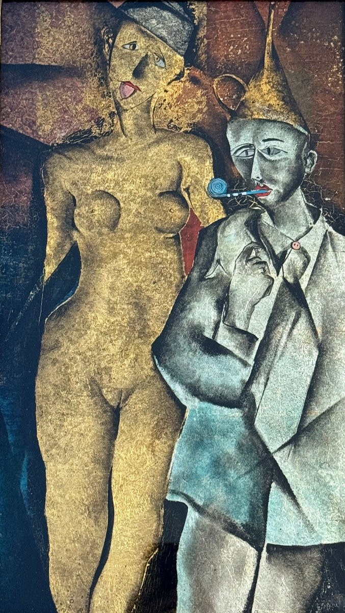 Nude With Blue Bishop Eglomisé Titled And Signed By Ferdinand Pire-photo-2