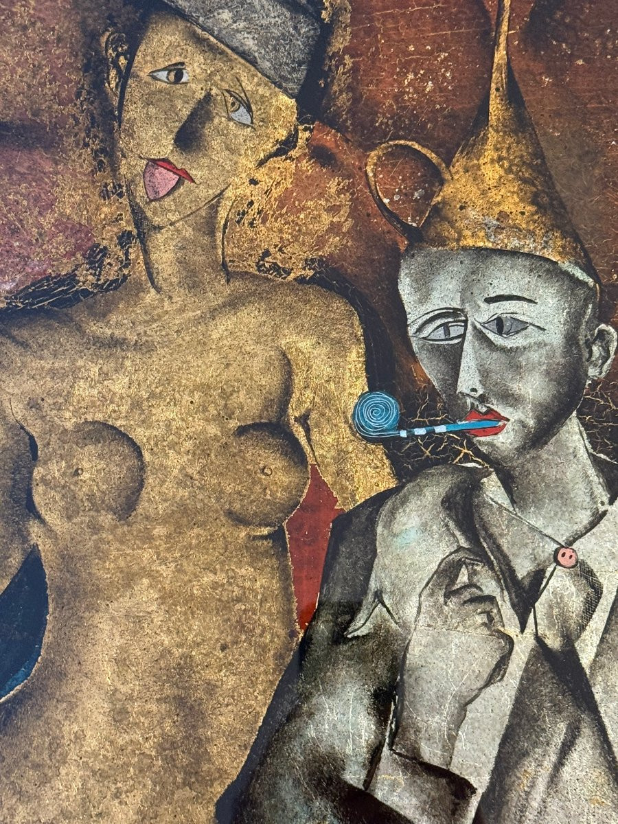 Nude With Blue Bishop Eglomisé Titled And Signed By Ferdinand Pire-photo-2