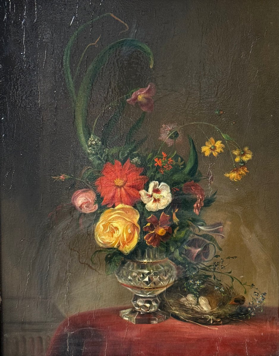 Fleurs dans le goût de l'école Hollandaise, XIXème, Huile sur panneau-photo-2