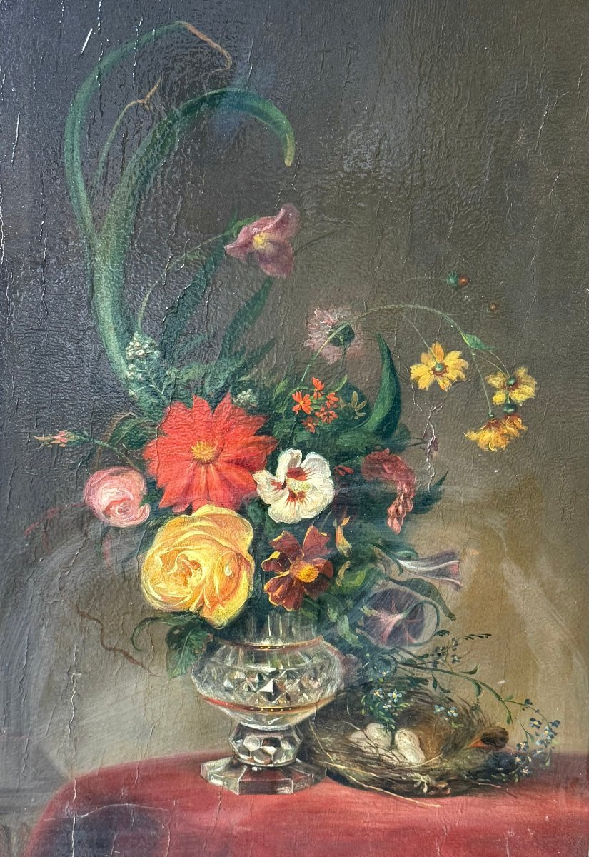 Fleurs dans le goût de l'école Hollandaise, XIXème, Huile sur panneau-photo-3